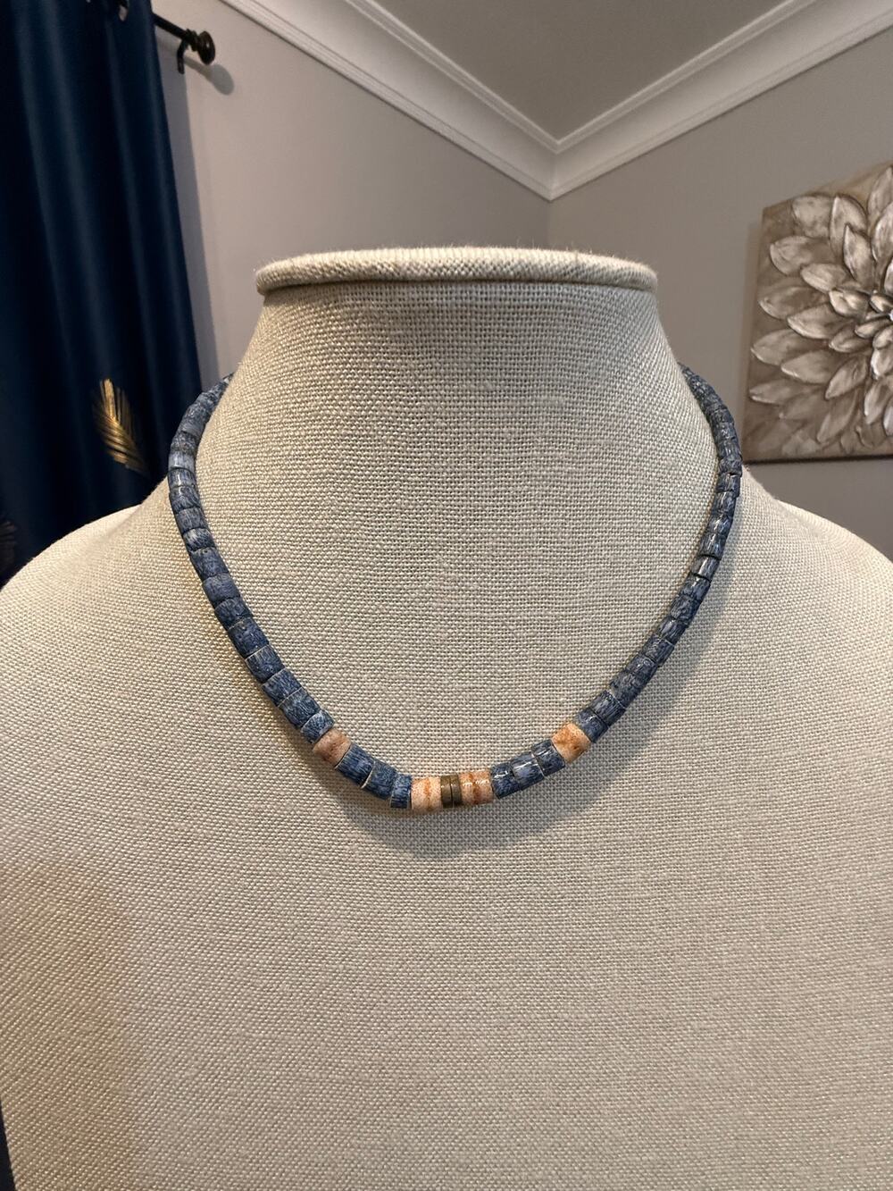 Vintage Blue Stone Heishi Bead Necklace 16”